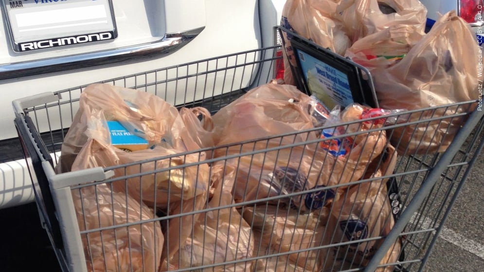 Plastic bags in grocery cart.