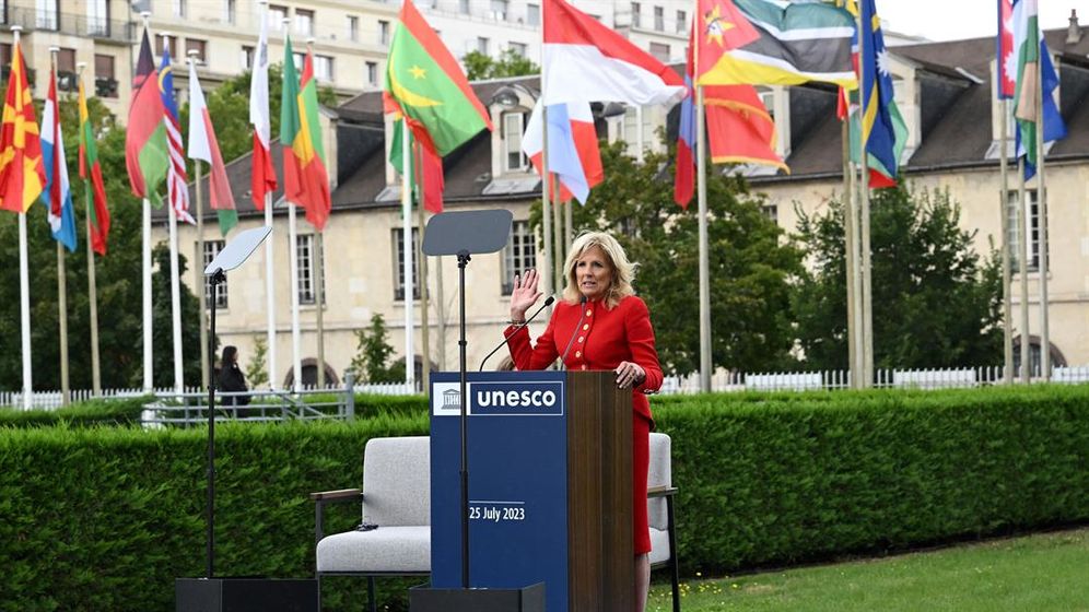 US First Lady Jill Biden speaks during a flag raising ceremony for the return of the United States to UNESCO after an over half decade absence at the UNESCO headquarters in Paris, on July 25, 2023.