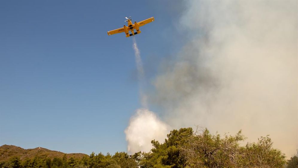 Aerial firefighting continues on Vati village of Rhodes Island, Greece on July 25, 2023.