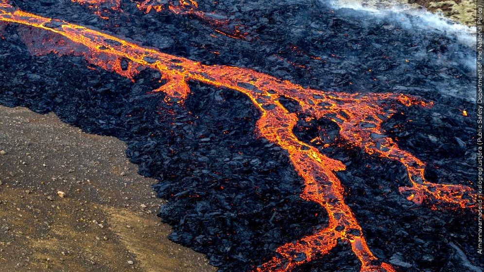 Lava flowing from Fagradalsfjall volcano system in Iceland, July 2023.