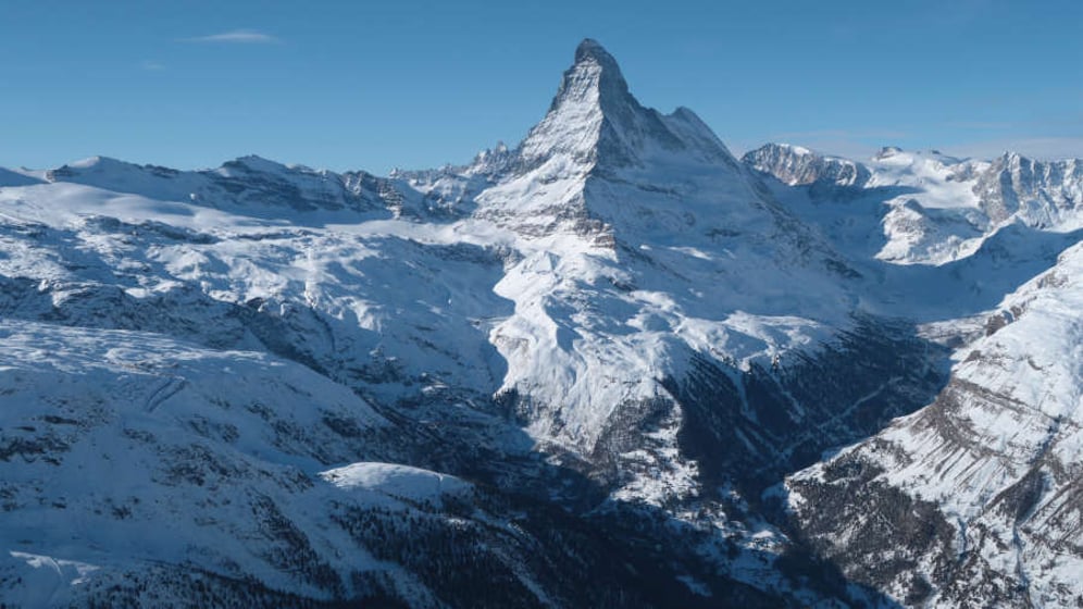Matterhorn mountain looms above the valley that includes the village of Zermatt on January 7, 2022 near Zermatt, Switzerland.
