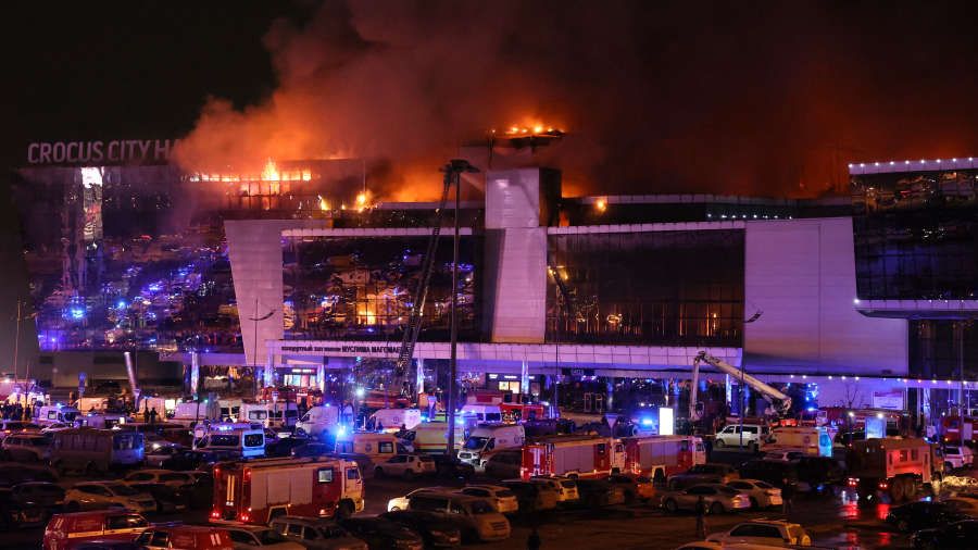Emergency services vehicles outside Crocus City Hall concert hall following a shooting in Krasnogorsk, outside Moscow, March 22, 2024.
