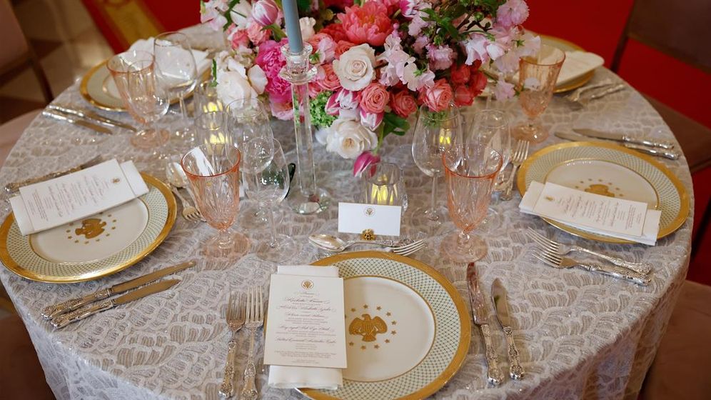 Place settings are displayed during a State Dinner media preview in the White House on April 9, 2024, in Washington, D.C..
