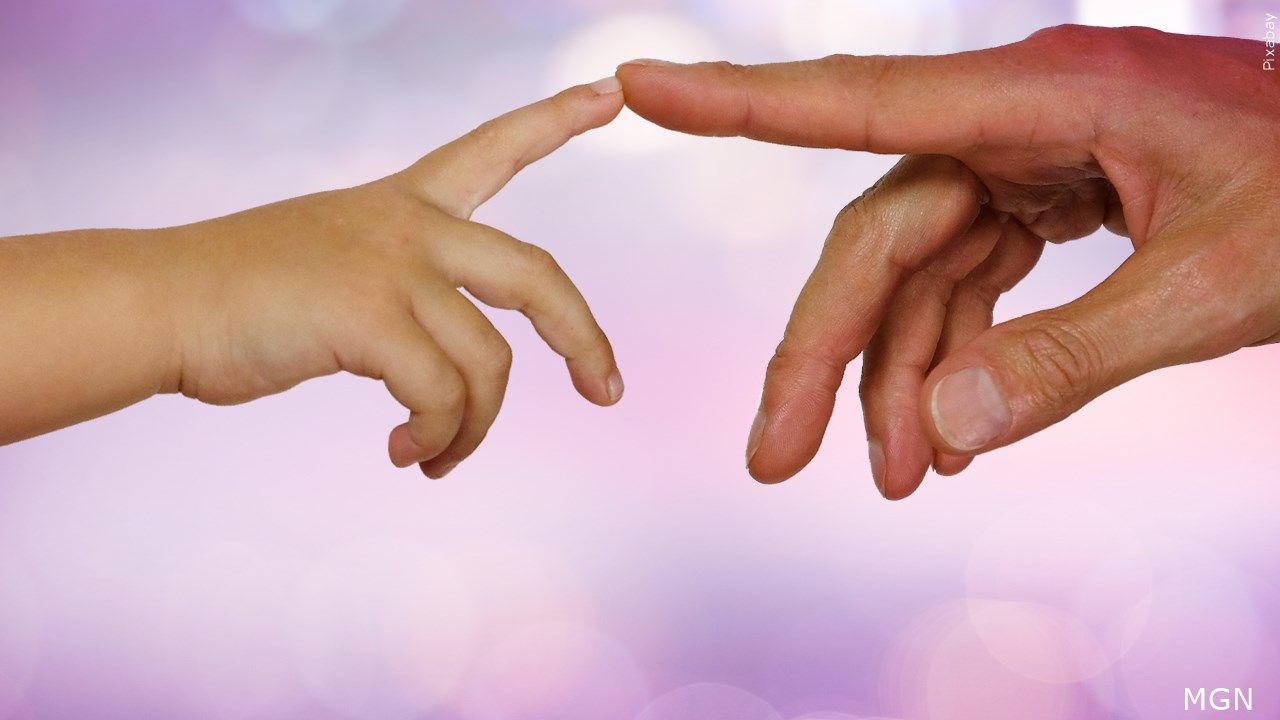 Child's hand touches adult's hand