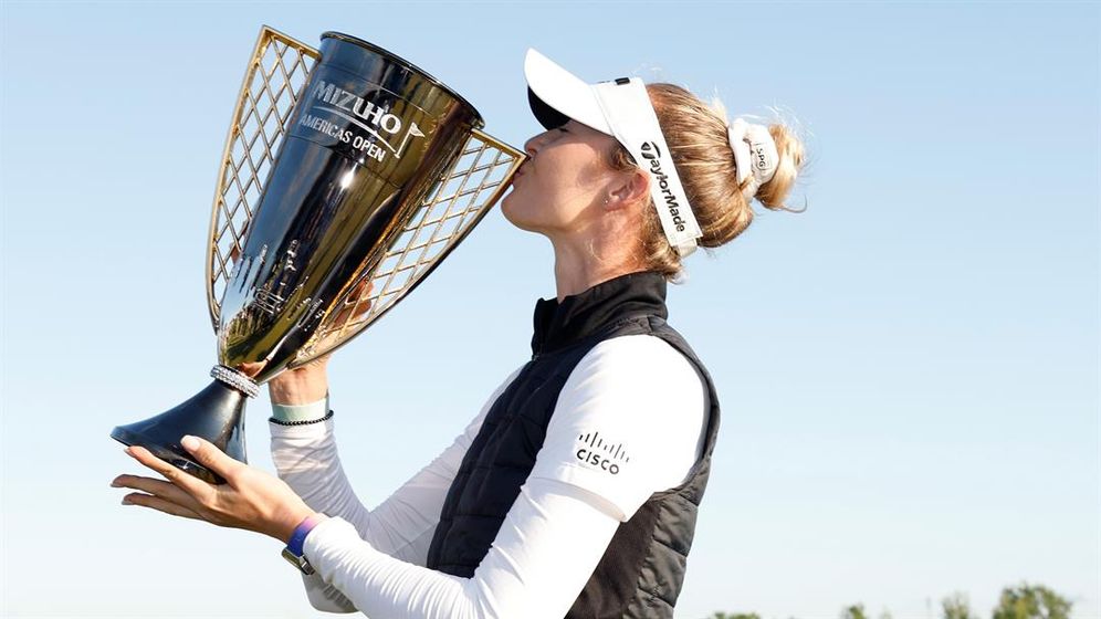 Nelly Korda of the United States poses with the winner’s trophy at Liberty National Golf Club on May 19, 2024 in Jersey City